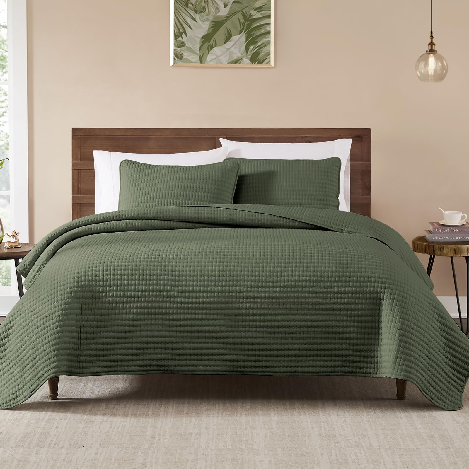 Wrensonge Quilts Queen Size, 3 Pieces Green Lightweight Soft Quilts Queen Size Sets For All Season, Summer Olive Green Queen Qui